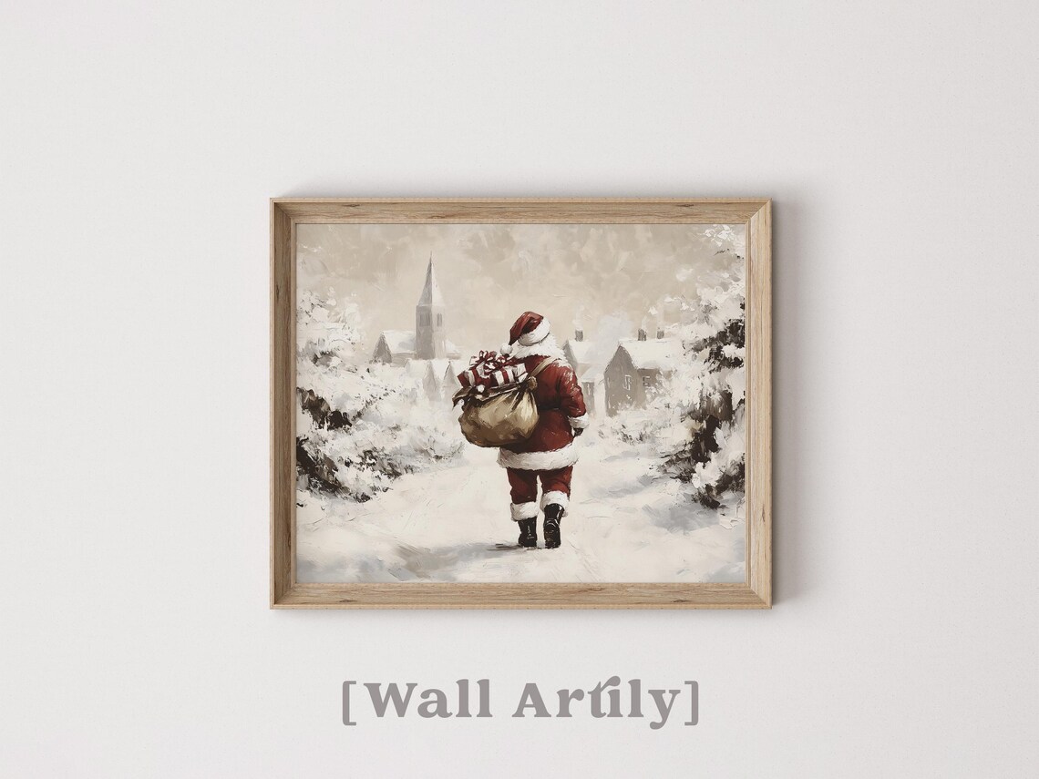 Santa Claus Carrying Gifts Into Snowy Village Winter Scene Poster - Image 4