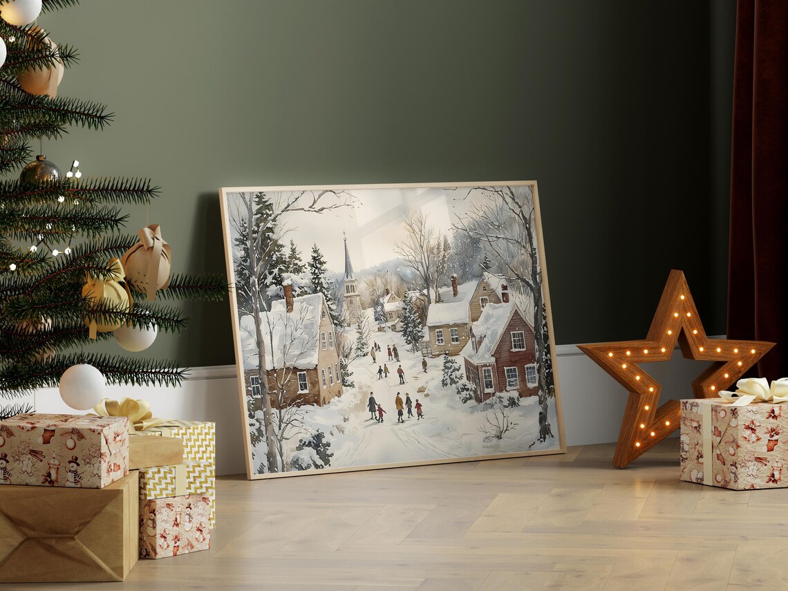 Snowy Village Street With Church And Houses Winter Watercolor Poster - Image 7