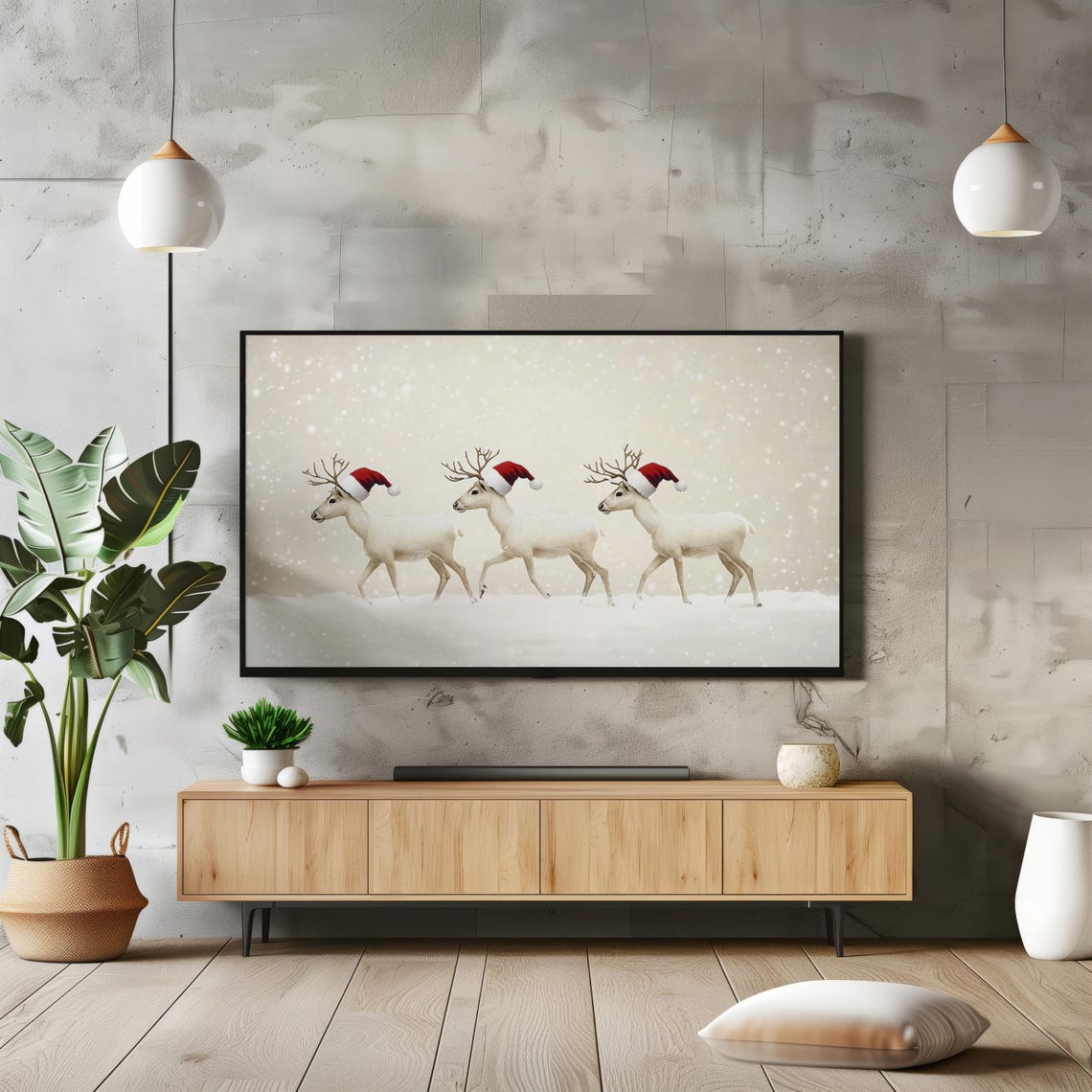 Three White Deer in Santa Hats Christmas Snow Scene Holiday Poster - Image 3