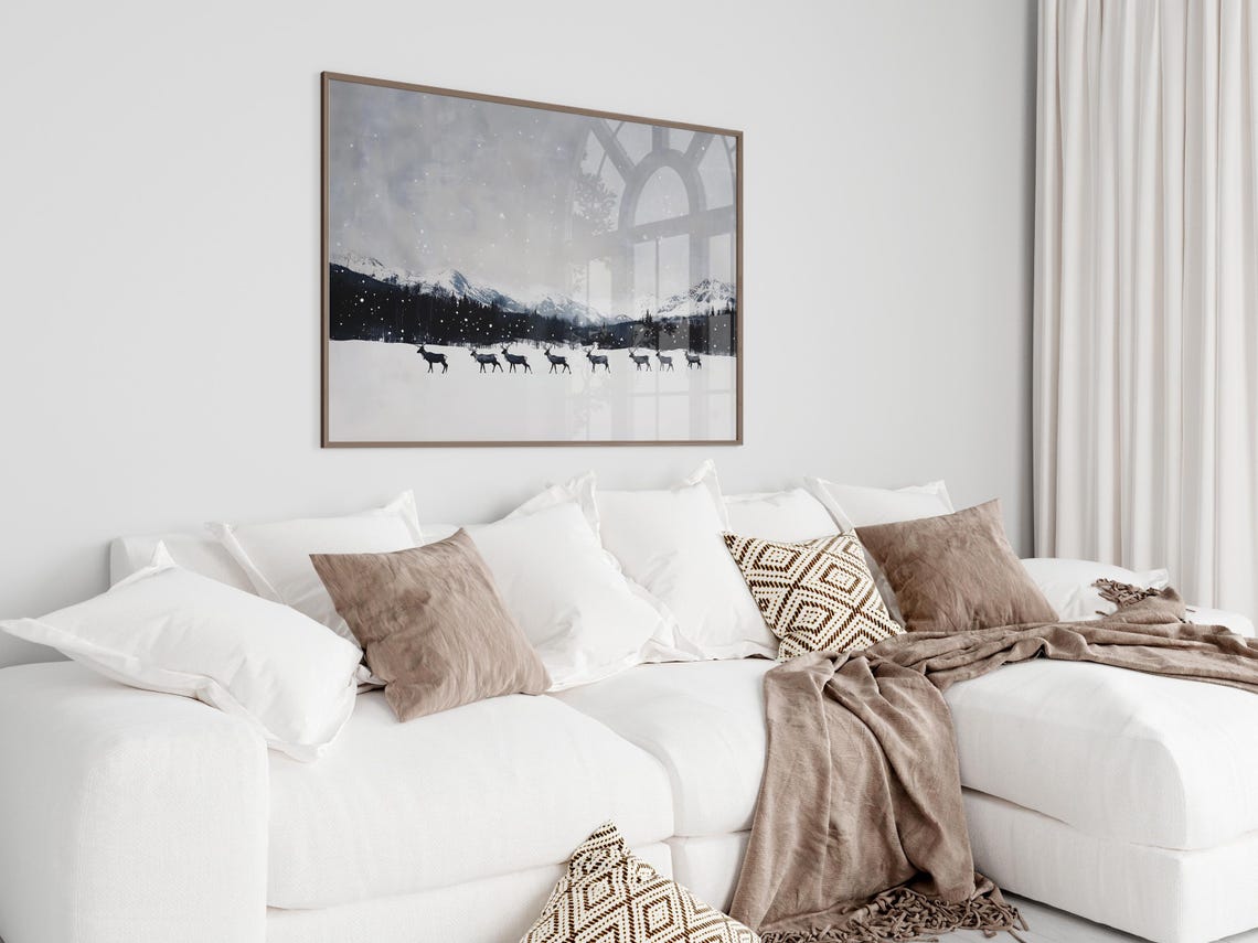 Reindeer Herd Crossing Snowy Plain Mountain Winter Wildlife Poster - Image 7