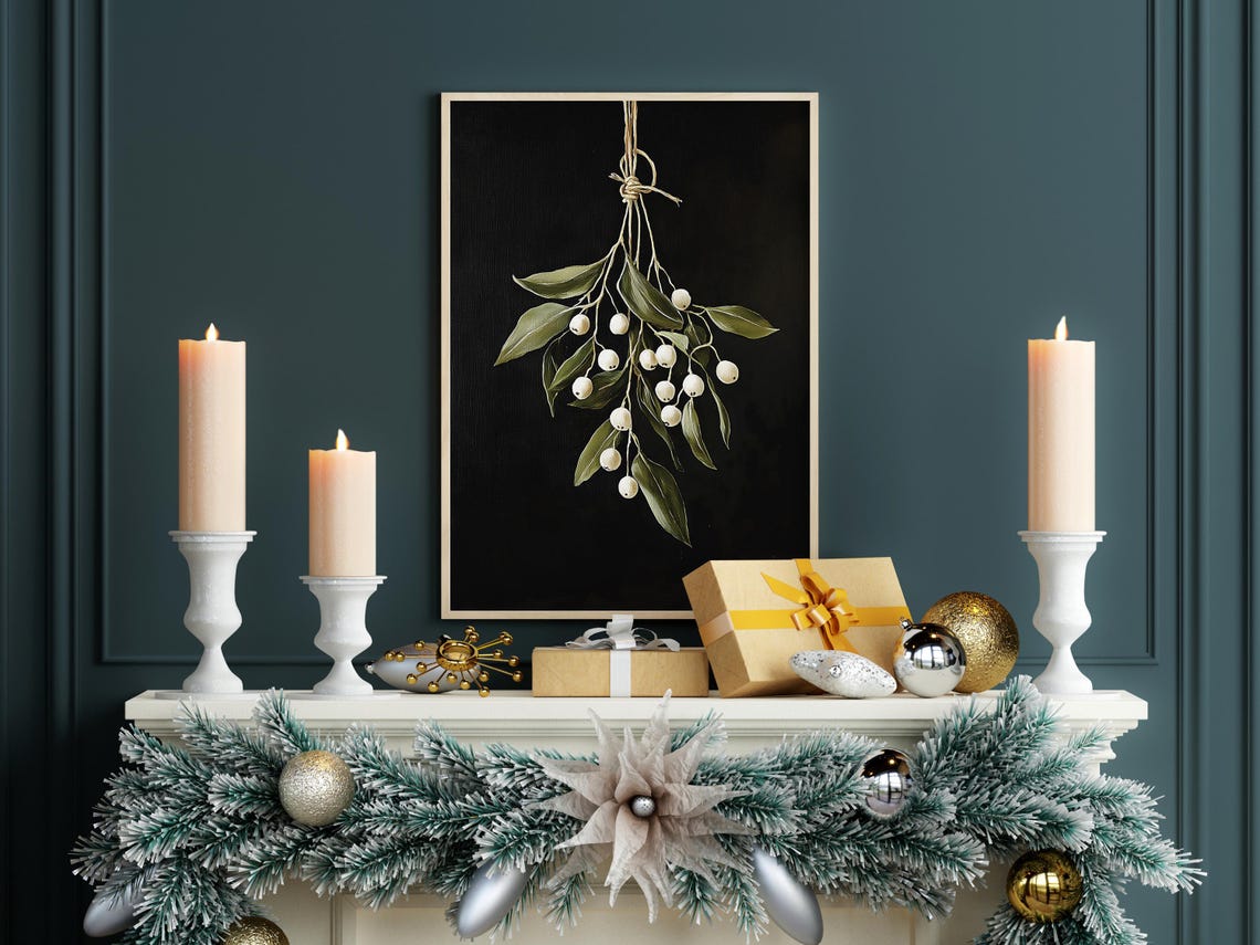 Hanging Mistletoe With White Berries On Black Background Poster - Image 5