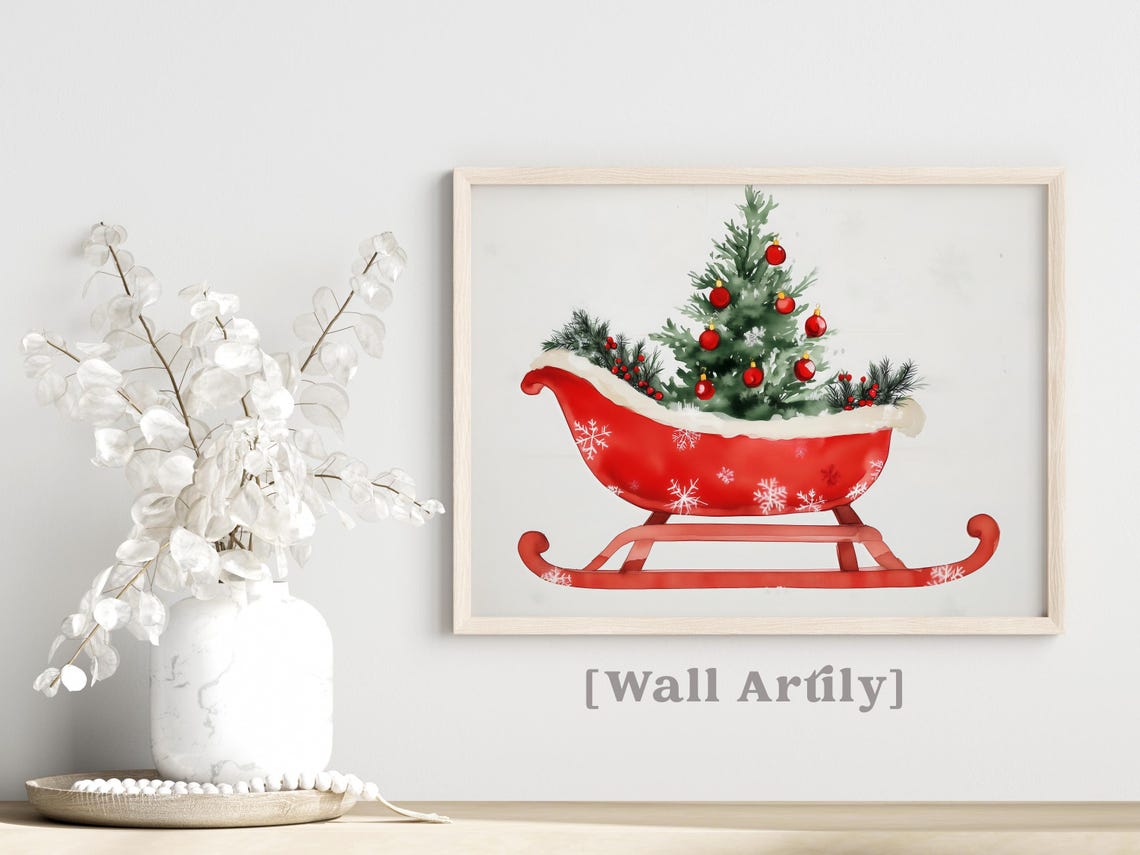Red Watercolor Christmas Sleigh With Mini Tree And Ornaments Poster - Image 2