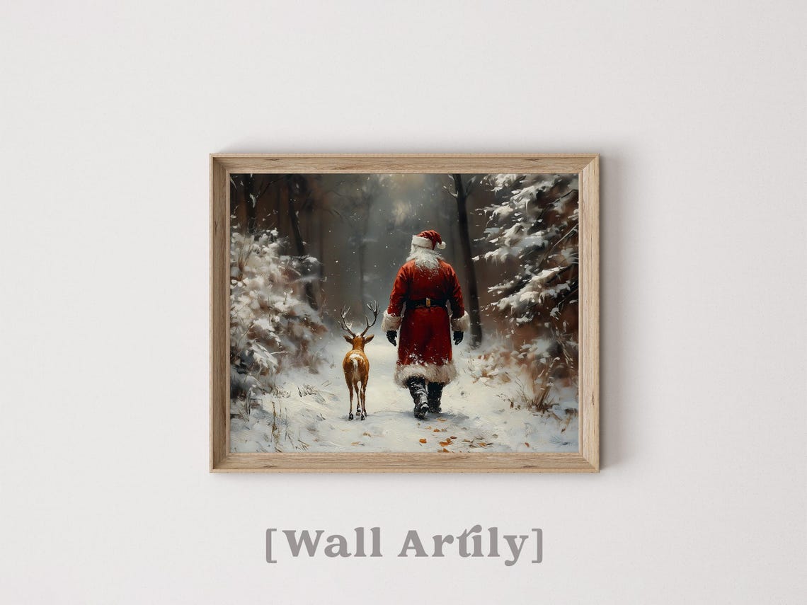 Santa Claus And Reindeer Walking Away Into Snowy Woods Poster - Image 5