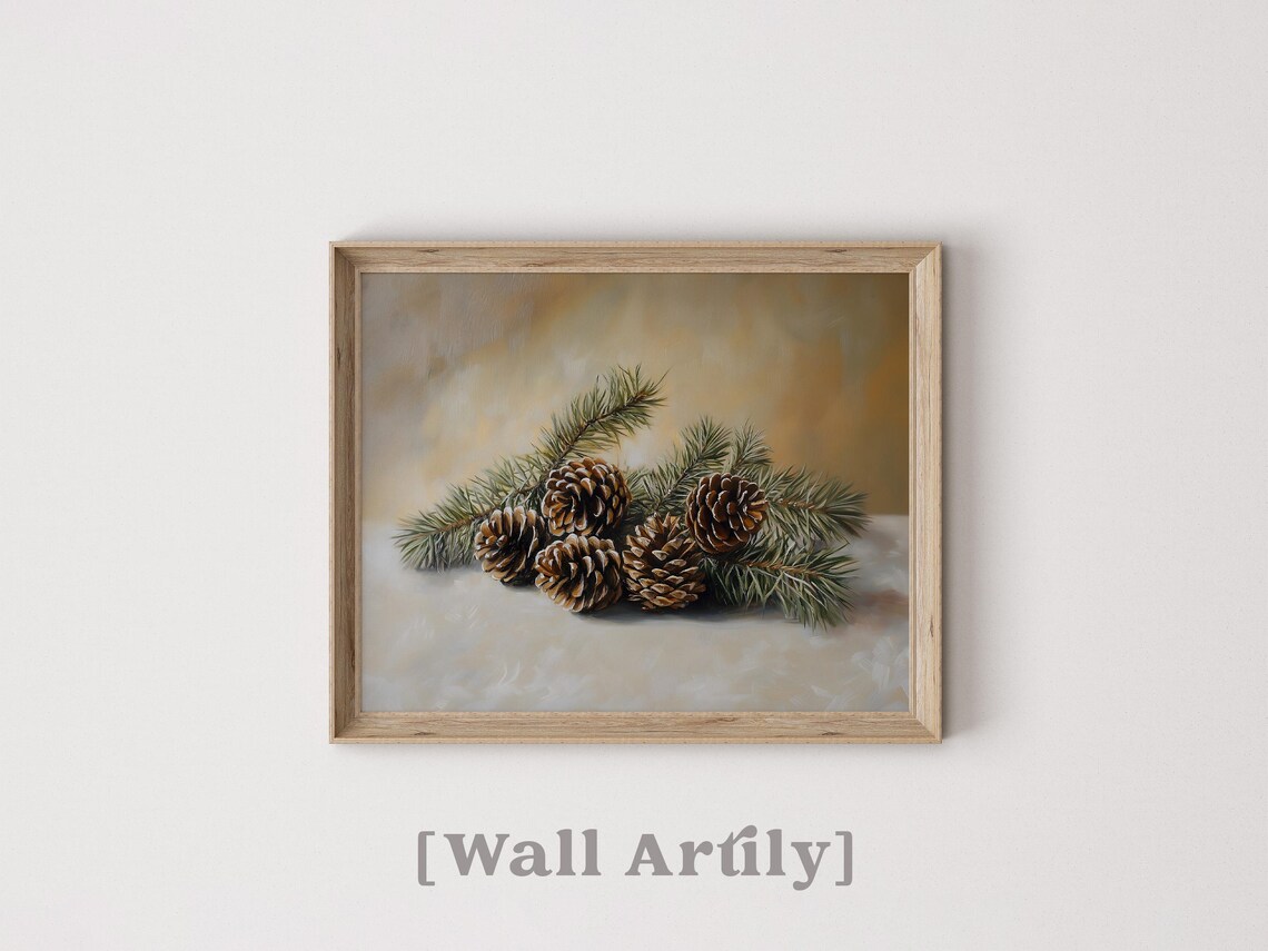 Pinecones And Evergreen Sprigs Winter Still Life Painting Poster - Image 5