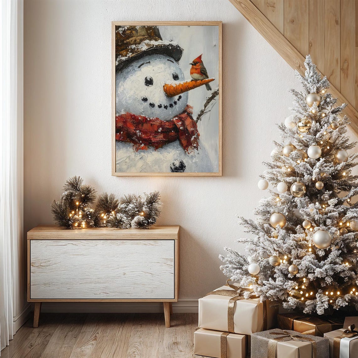 Smiling Snowman Face With Bird Perched On Carrot Nose Poster - Image 3