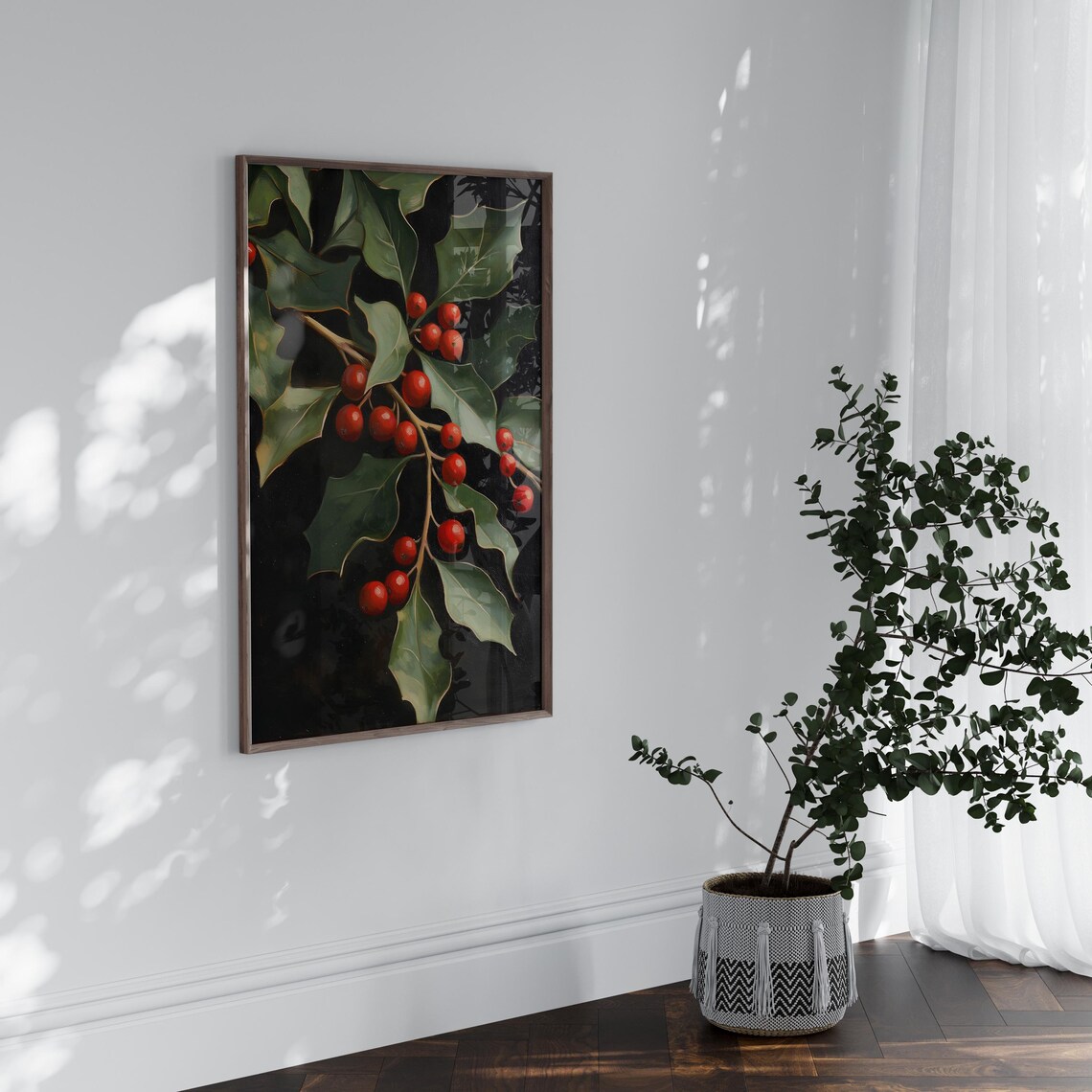 Moody Holly Branch With Red Berries On Dark Background Oil Poster - Image 4