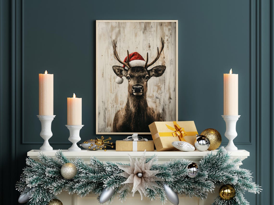 Reindeer Wearing Santa Hat Rustic Christmas Wood Sign Style Poster - Image 7