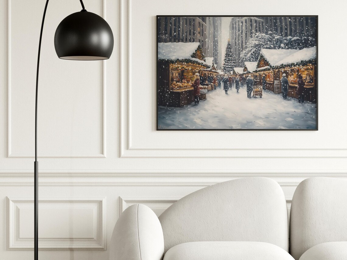 Snowy Christmas Market Street With Stalls And Shoppers Poster - Image 3