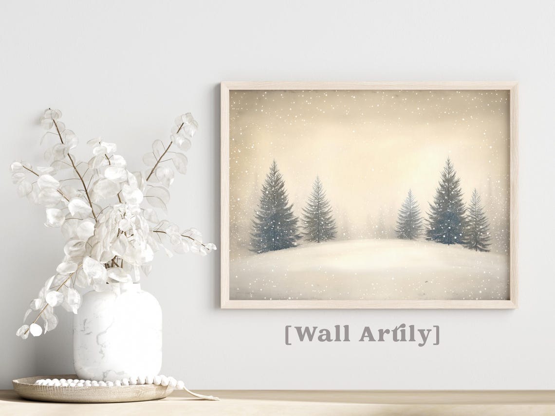 Minimal Snowy Pines In Falling Snow Warm Winter Scene Poster - Image 3