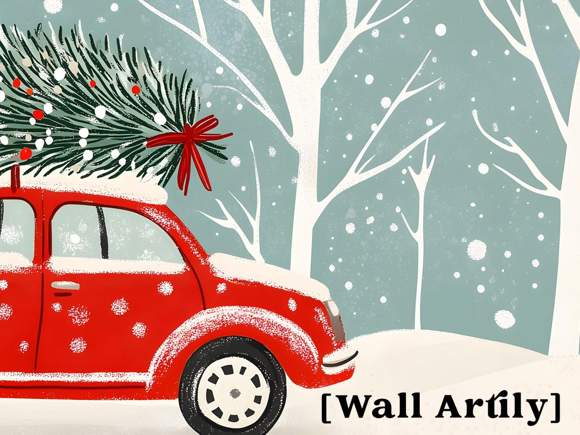 Red Retro Car Christmas Tree Roof Snowfall Vintage Auto Poster - Image 2