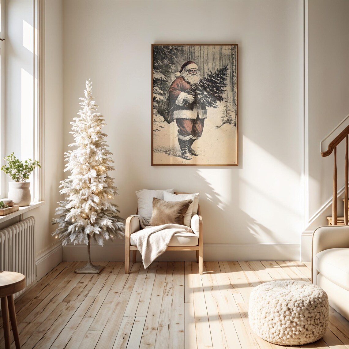 Vintage Santa Carrying Christmas Tree Through Snowy Forest Poster - Image 6