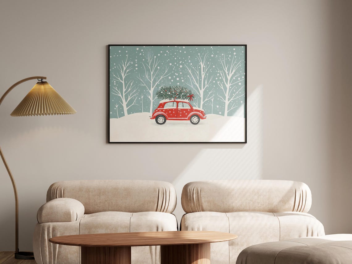 Red Retro Car Christmas Tree Roof Snowfall Vintage Auto Poster - Image 4