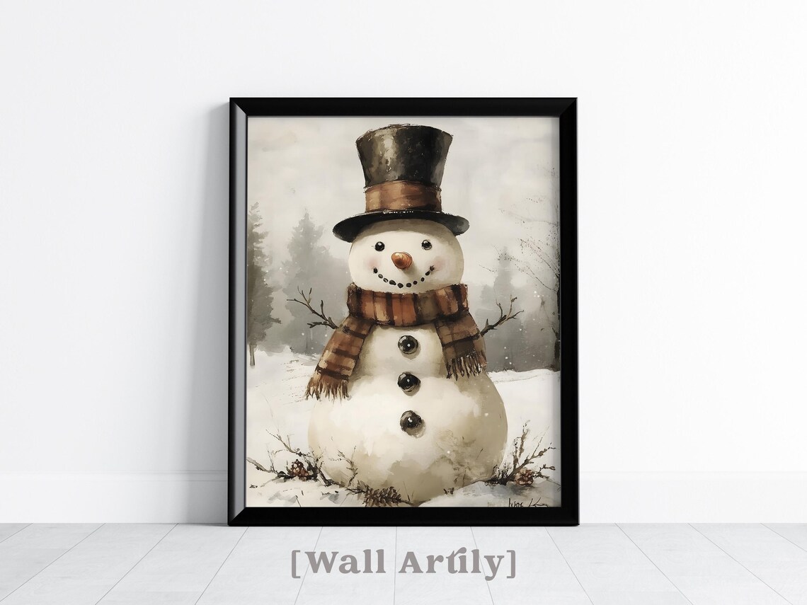 Watercolor Snowman Top Hat Plaid Scarf Christmas Winter Poster - Image 5