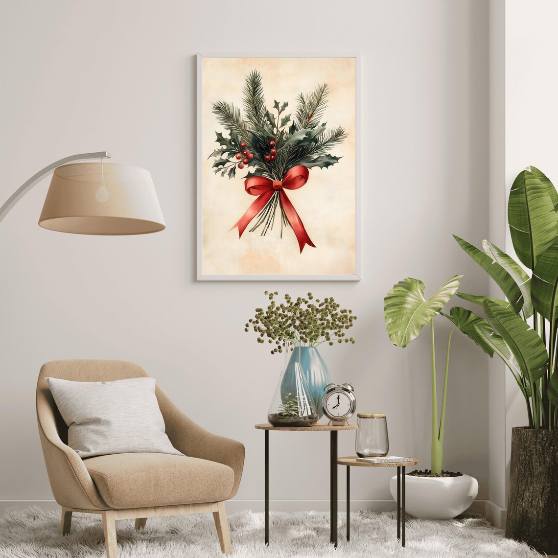 Vintage Pine And Holly Christmas Bouquet With Red Ribbon Bow Poster - Image 3