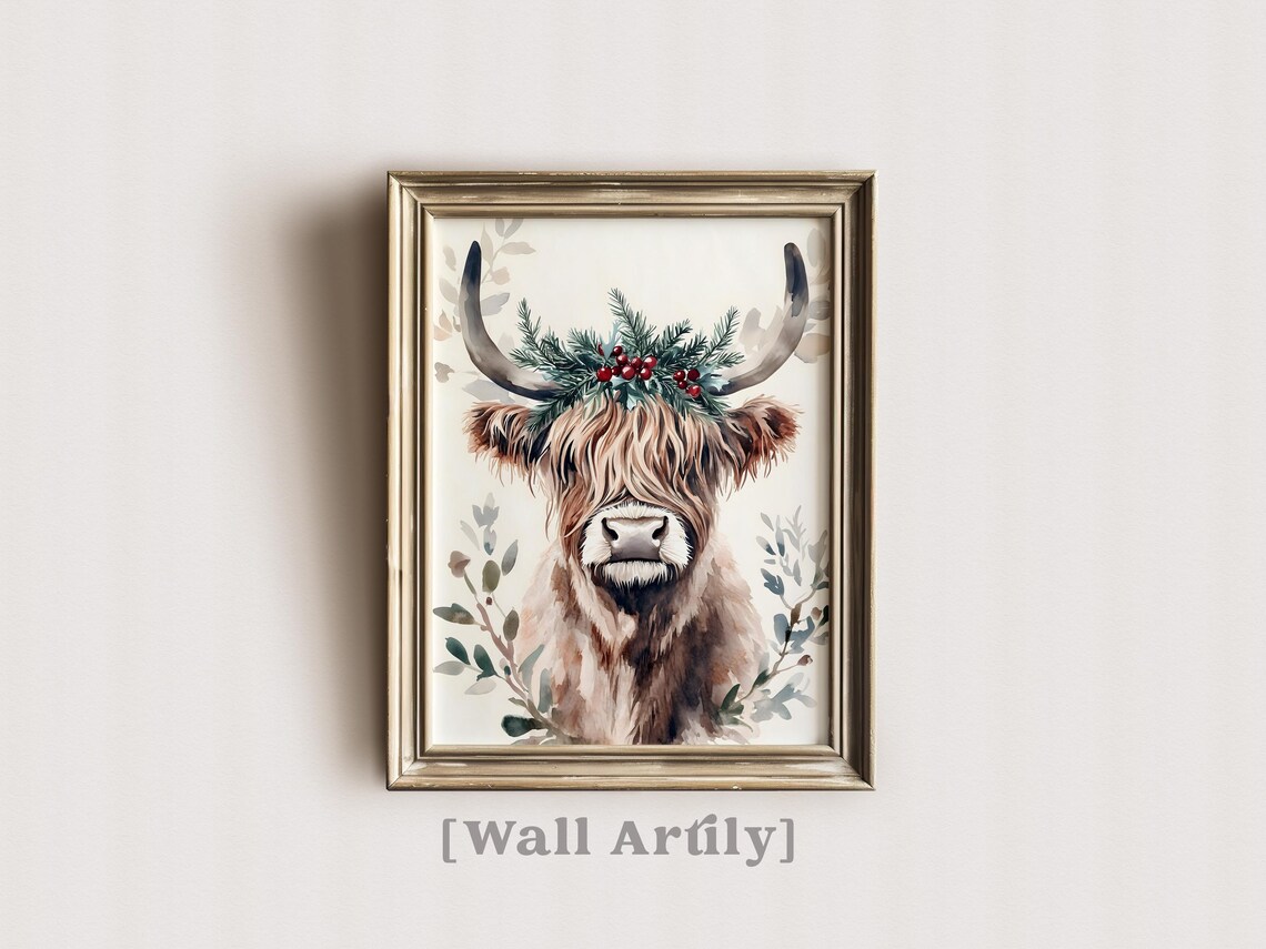 Highland Cow Mistletoe Crown Watercolor Christmas Animal Poster - Image 5