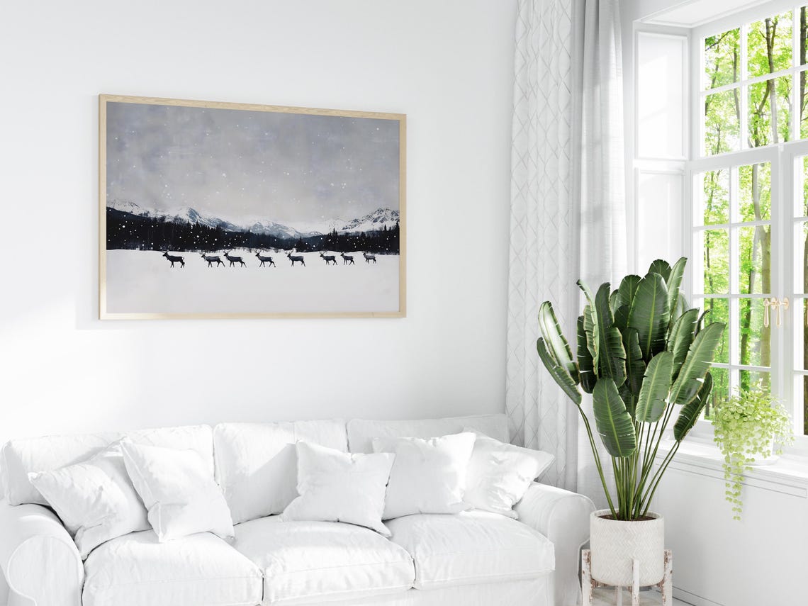 Reindeer Herd Crossing Snowy Plain Mountain Winter Wildlife Poster - Image 3