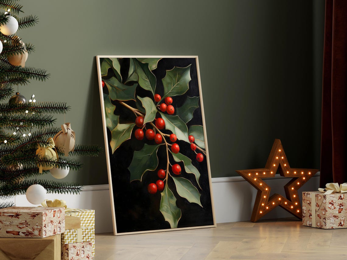 Moody Holly Branch With Red Berries On Dark Background Oil Poster - Image 3