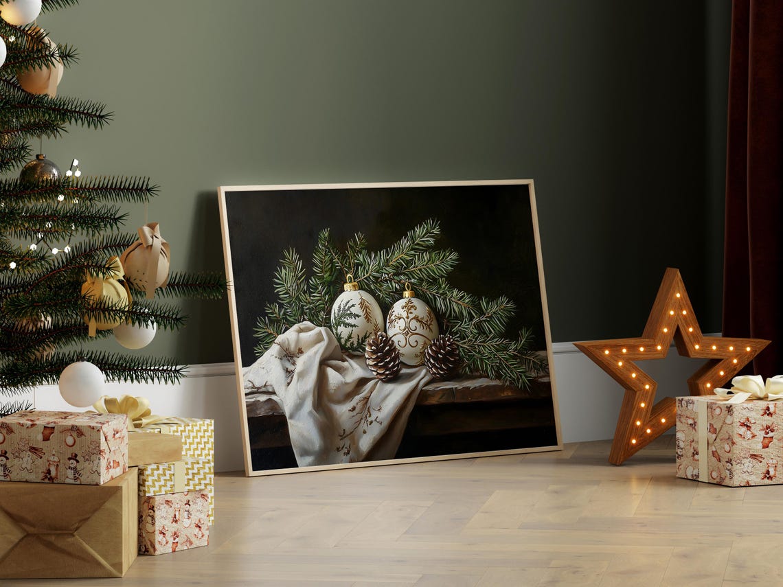 Moody Christmas Still Life With White Baubles And Pinecones Poster - Image 7