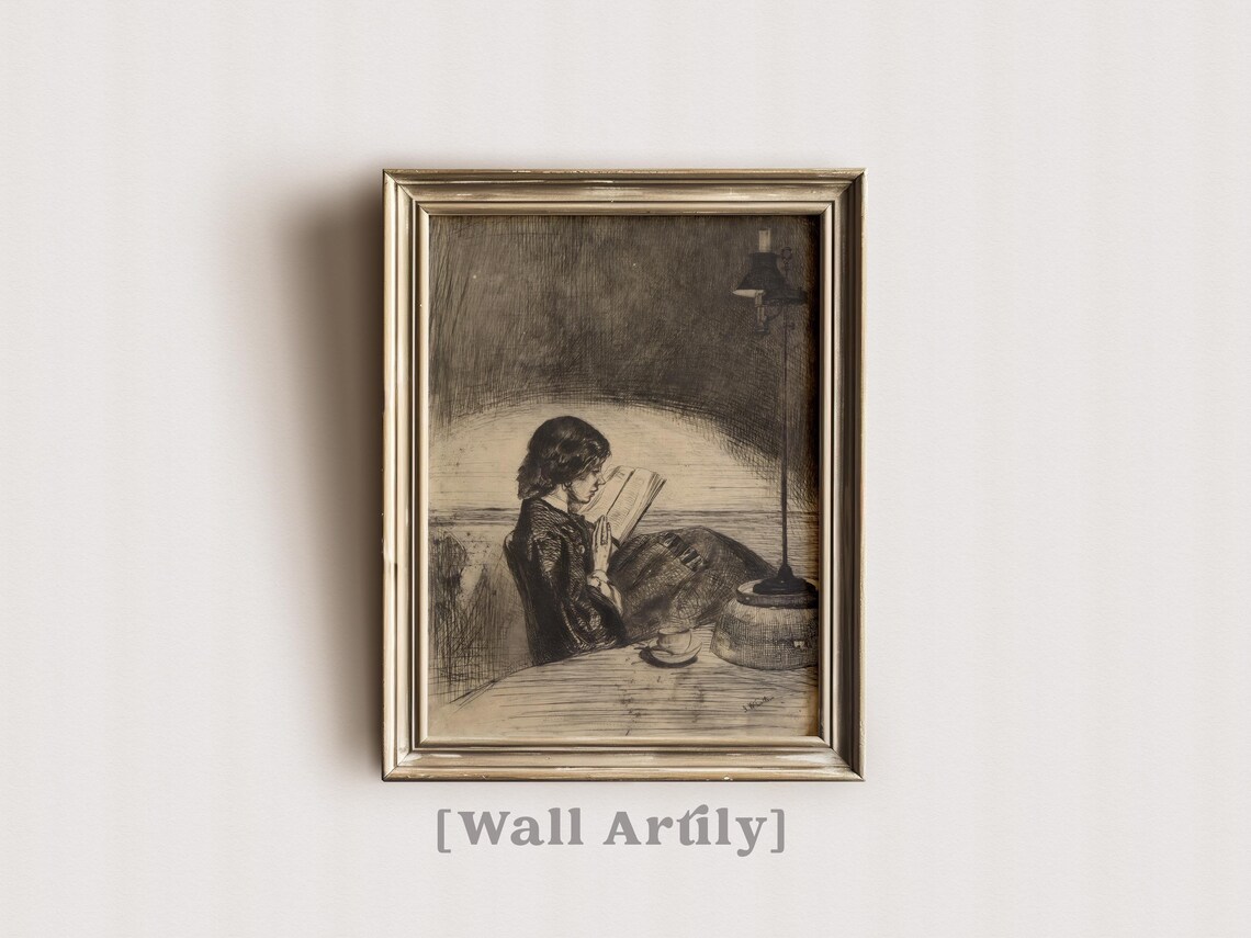 Antique Sketch Of Woman Reading By Lamplight Dark Etching Poster - Image 4