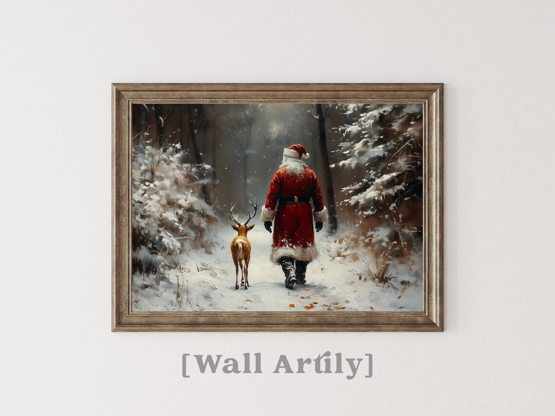 Santa Claus And Reindeer Walking Away Into Snowy Woods Poster - Image 3