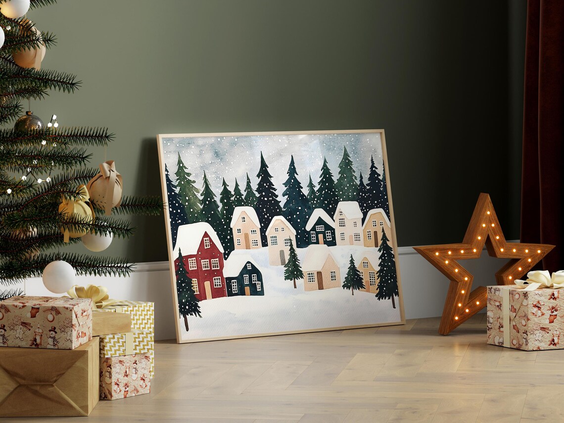 Snowy Village Winter Village Scene Holiday Art Print - Image 2