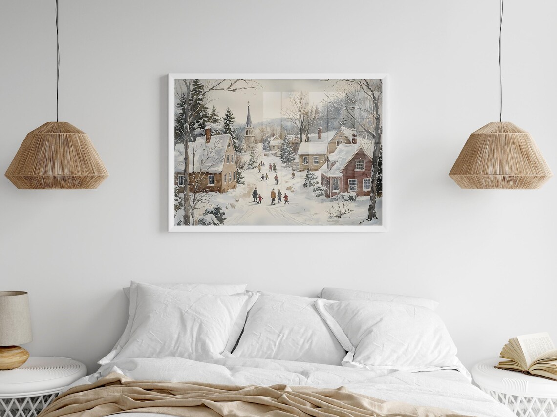 Snowy Village Street With Church And Houses Winter Watercolor Poster - Image 3