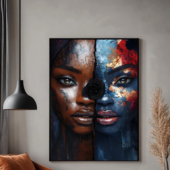 Abstract Dual Portrait Woman Split Face Black Rose Modern Art Poster