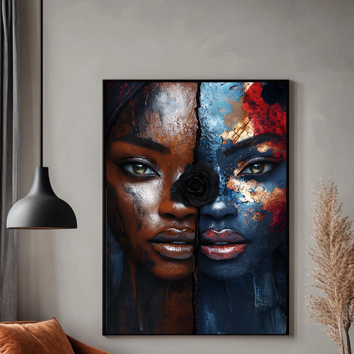 Abstract Dual Portrait Woman Split Face Black Rose Modern Art Poster
