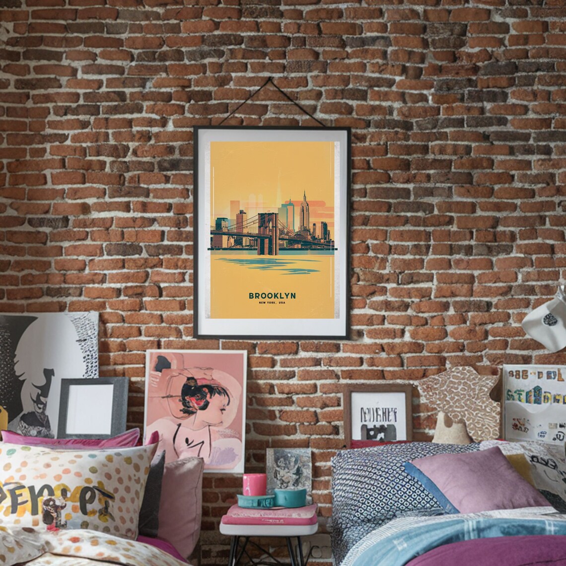 Brooklyn New York Bridge Skyline Golden Vintage Travel Poster - Image 2