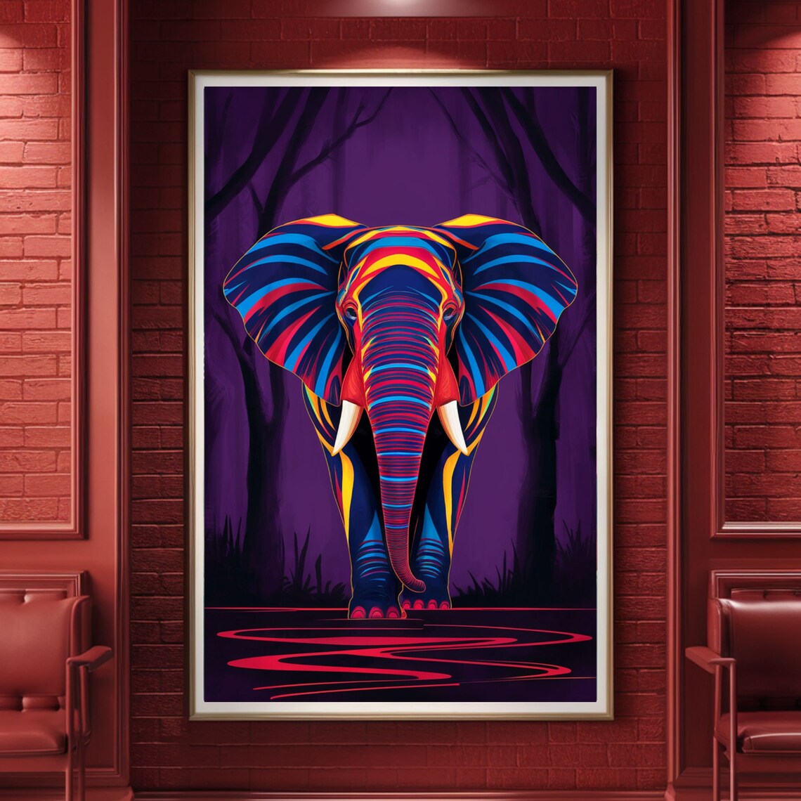 Neon Colorful Elephant Purple Night Jungle Abstract Art Poster