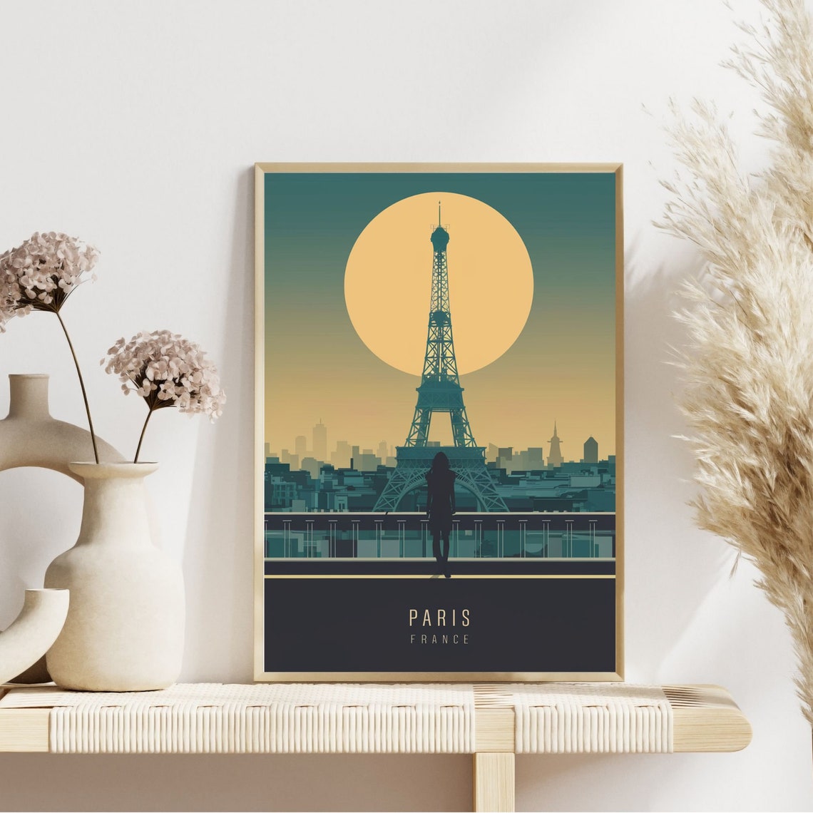 Paris Eiffel Tower Giant Sun Silhouette Bridge Vintage Poster - Image 2