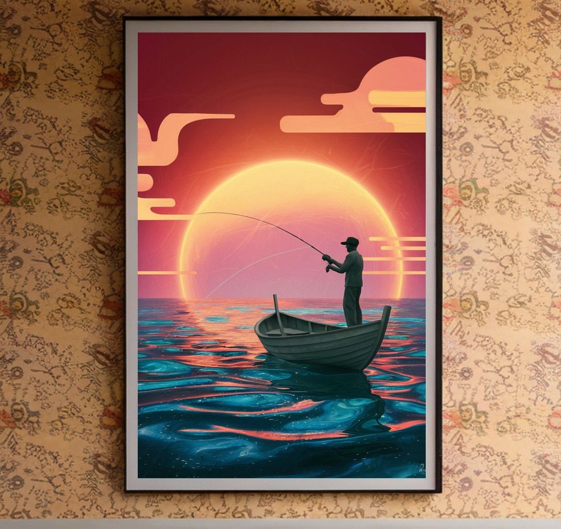 Fisherman In Boat Silhouette Giant Orange Sunset Ocean Art Poster - Image 5