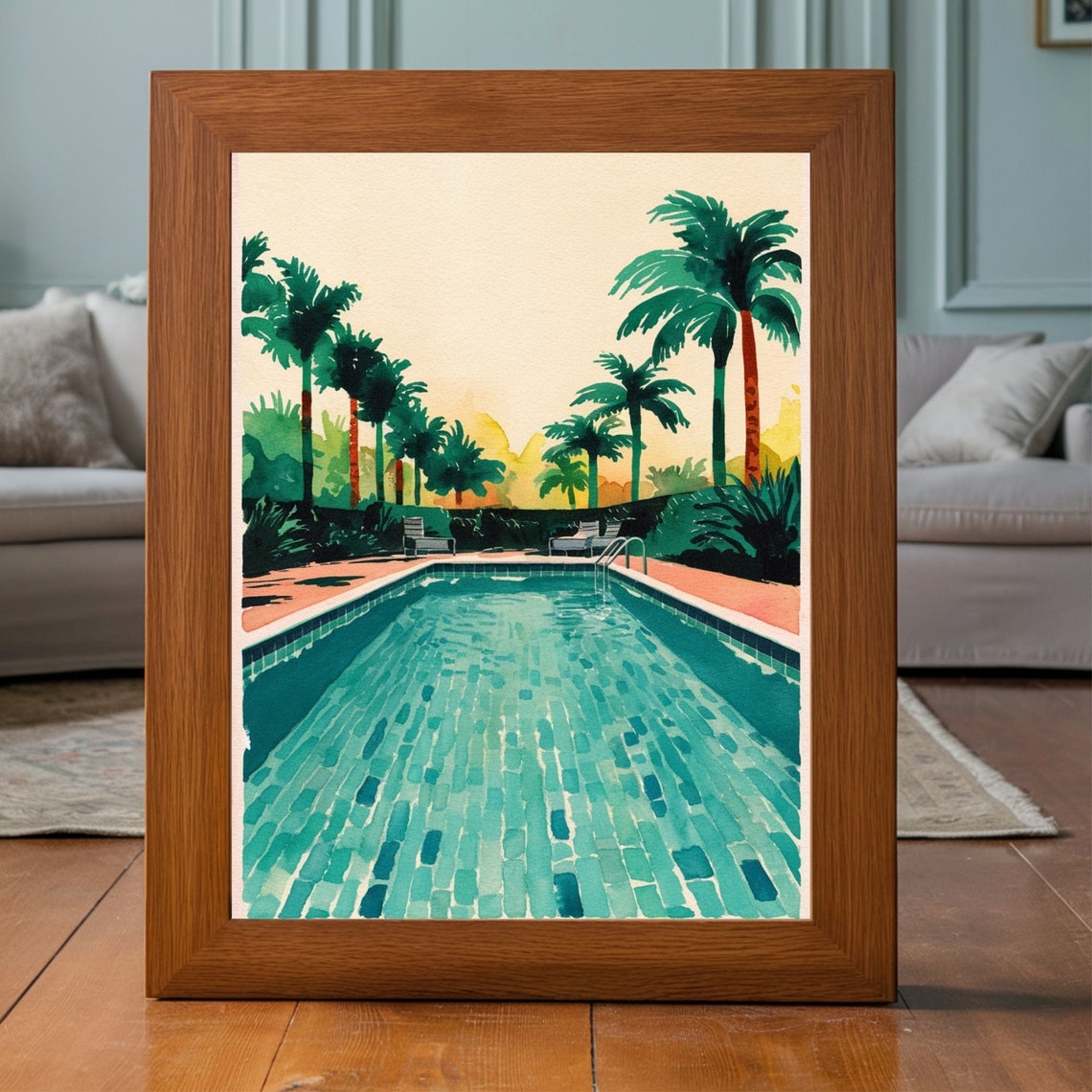 Palm Springs Pool With Palm Trees Retro Watercolor Art Poster - Image 5