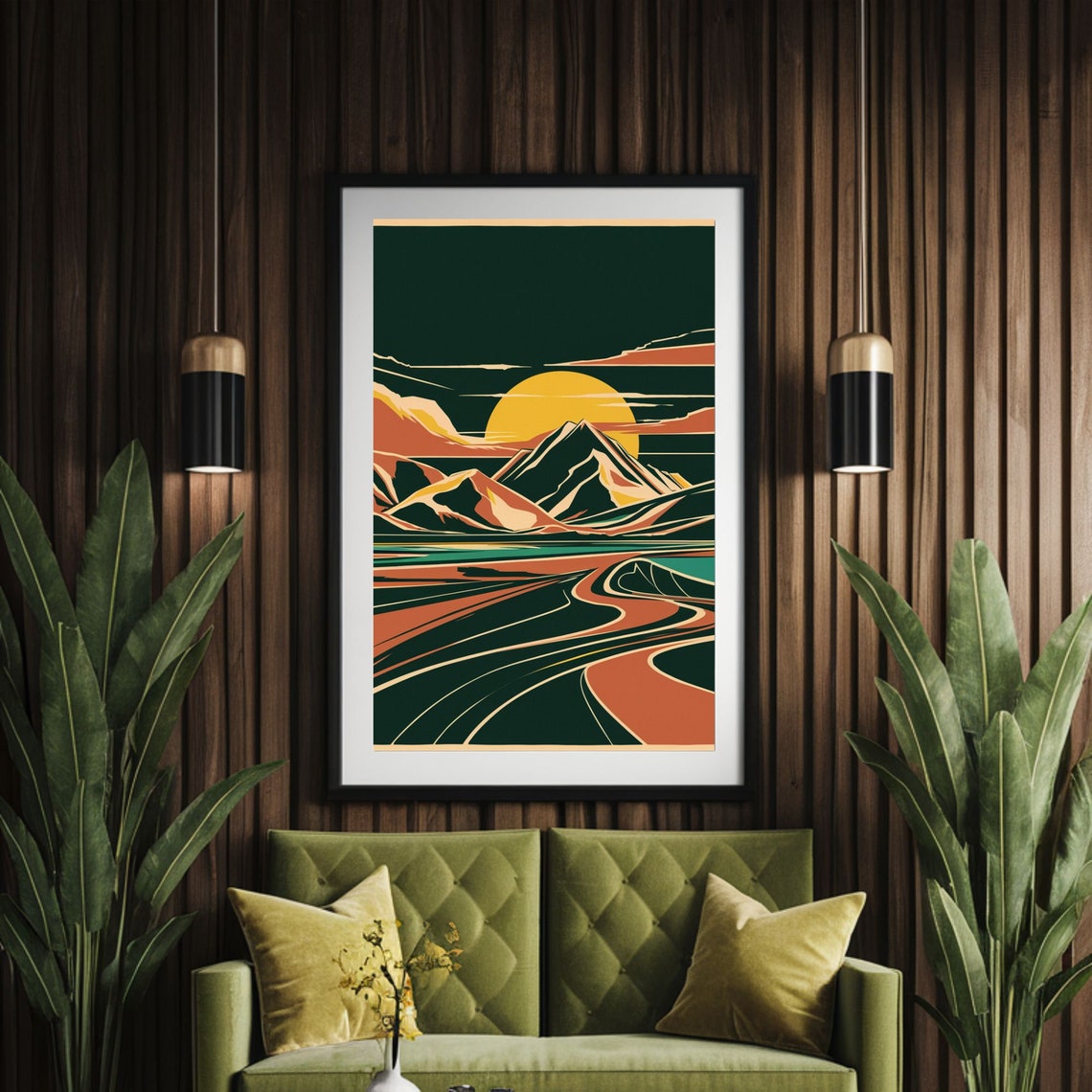 Retro Mountain Sunset Winding Road Valley Minimalist Nature Poster - Image 3