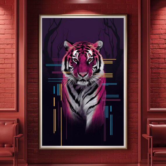 Neon Pink Tiger Dark Purple Forest Geometric Abstract Art Poster