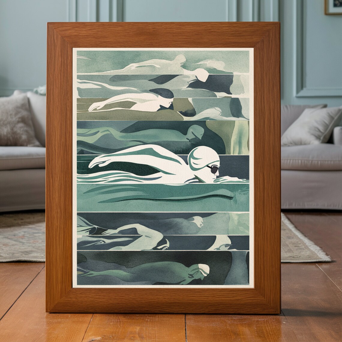 Vintage Swimmers Stripes Art Deco Style Green Swimming Poster