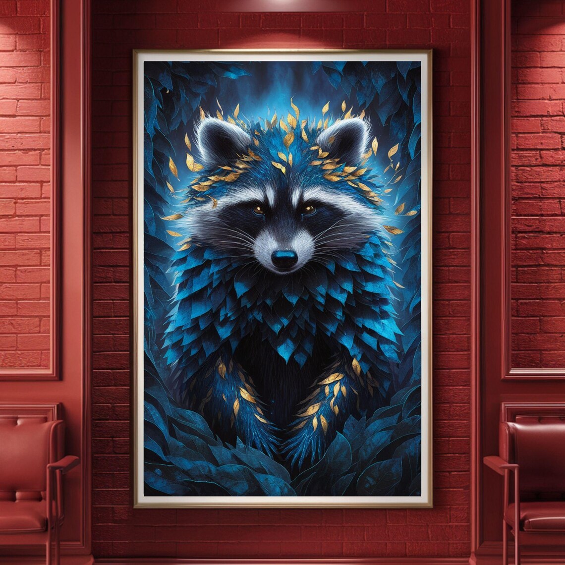Blue Feather Raccoon Golden Leaves Wildlife Portrait Art Poster
