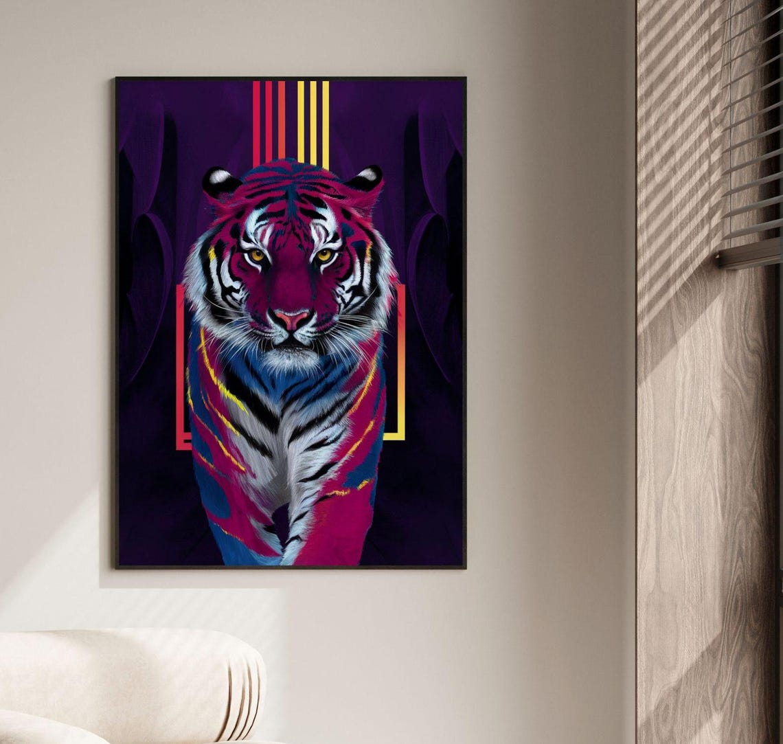 Neon Pink Blue Tiger Portrait Geometric Dark Jungle Art Poster