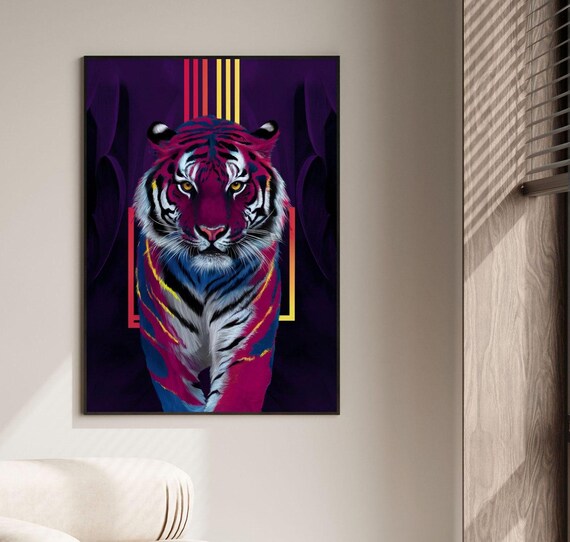 Neon Pink Blue Tiger Portrait Geometric Dark Jungle Art Poster