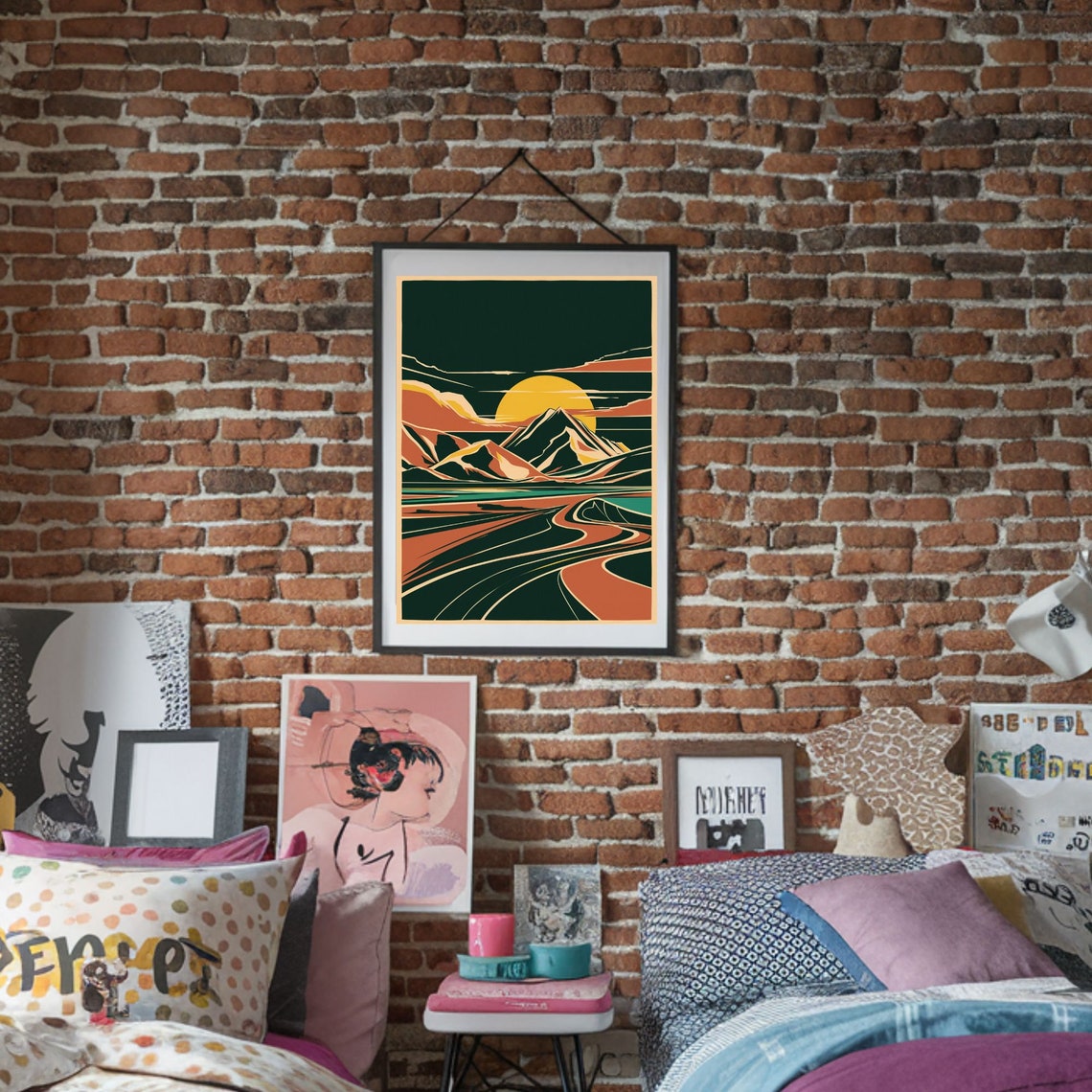 Retro Mountain Sunset Winding Road Valley Minimalist Nature Poster - Image 4