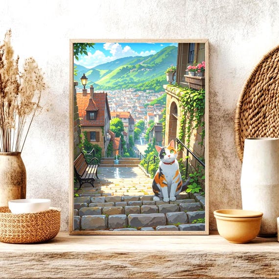 Calico Cat On Steps In Sunny European Old Town Street Poster