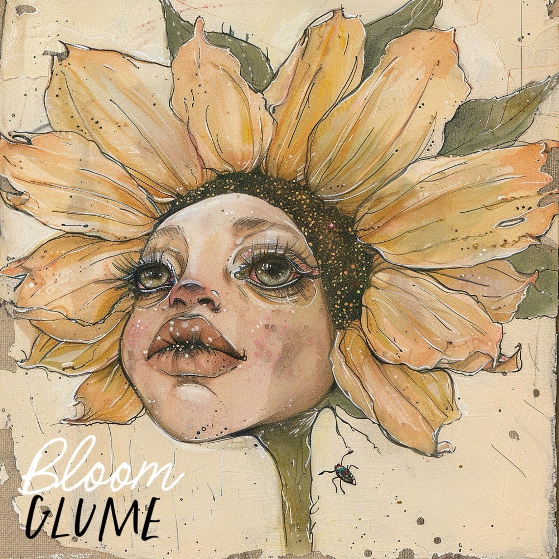 Sunny Bloomies Sunflower Girl Face Fairytale Cottagecore Art Print