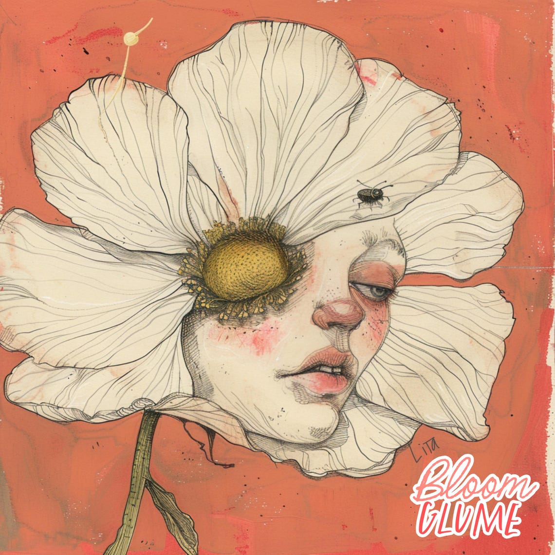 Polina Bloomies White Poppy Flower Face Fairy Tale Lowbrow Art Print
