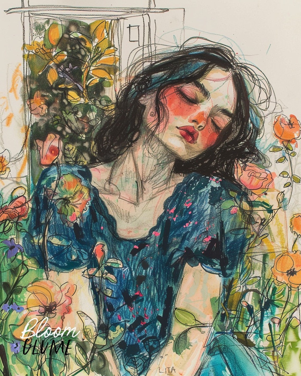 Zephyr Secret Garden Series Print Whimsical Portrait Art Emotional Art Flower Lady Botanical Portrait Art Fashion Sketch