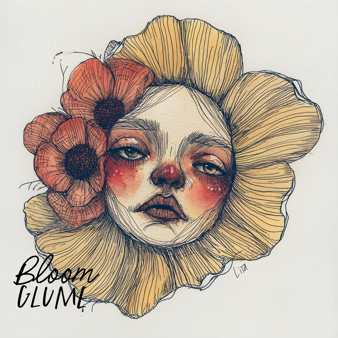 Yellow Poppy Flower Face Woman Surreal Watercolor Portrait Print - Image 3