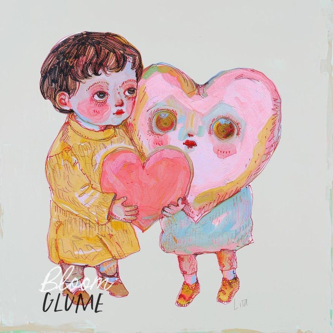 Boy Hugging Heart Faced Creature Valentines Whimsical Art Print - Image 3