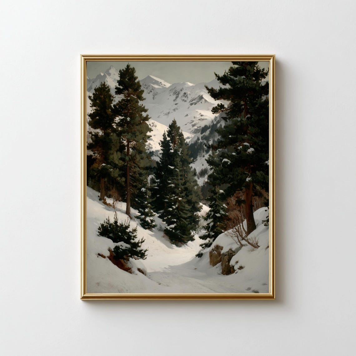Snowy Pine Forest Mountain Winter Landscape Cozy Nordic Scene Wall Art