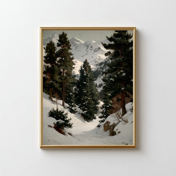 Snowy Pine Forest Painting Cozy Nordic Mountain Scene