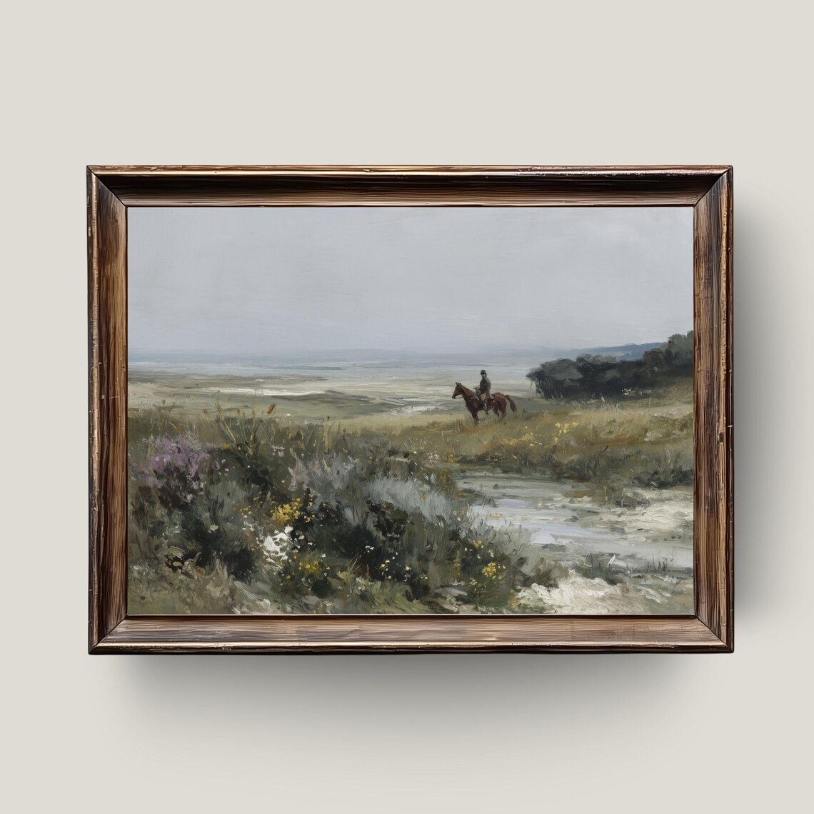 Cowboy on Horseback Misty Moor Wildflowers Vintage Oil Painting Print
