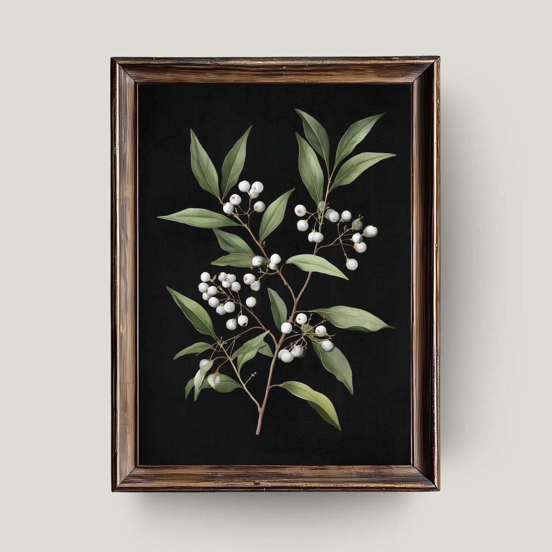 White Berries Botanical Branch Black Background Minimalist Floral Poster